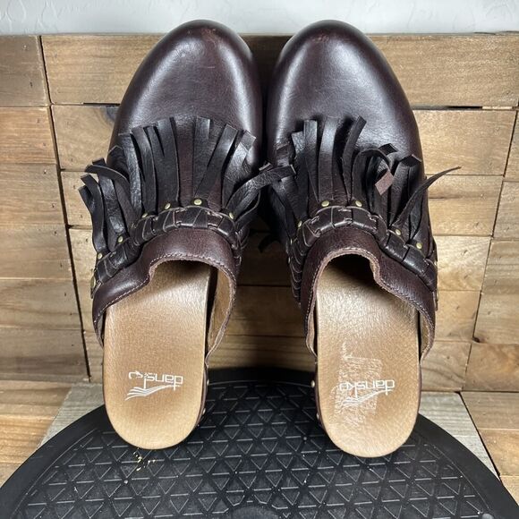 Dansko Deni Mules Clogs Shoes Womens Size 8.5-9 US 39 EU Brown Leather Fringe - Picture 5 of 10